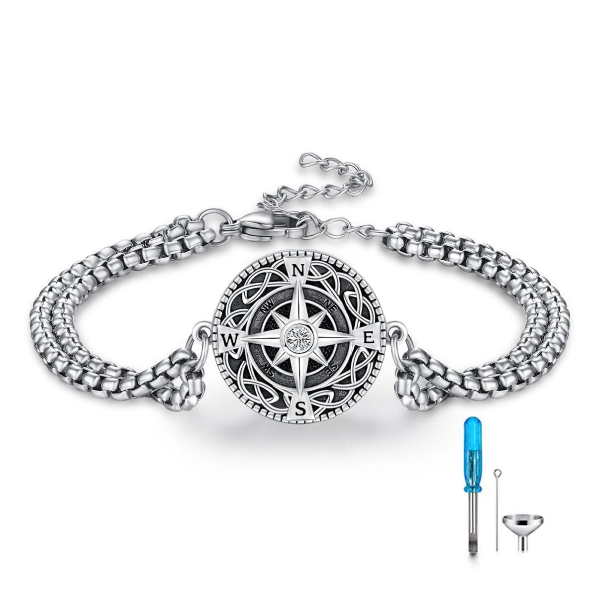 Pulsera de urna de cremación con brújula y circonita cúbica en plata de ley para cenizas de hombre-1