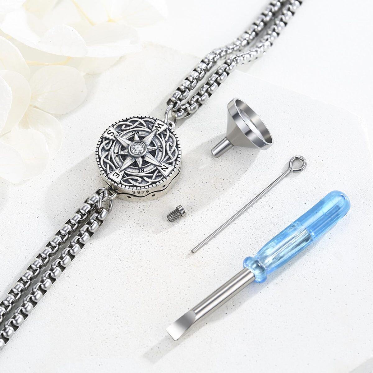 Sterling Silver Cubic Zirconia Compass Cremation Urn Bracelet for Ashes for Men-4