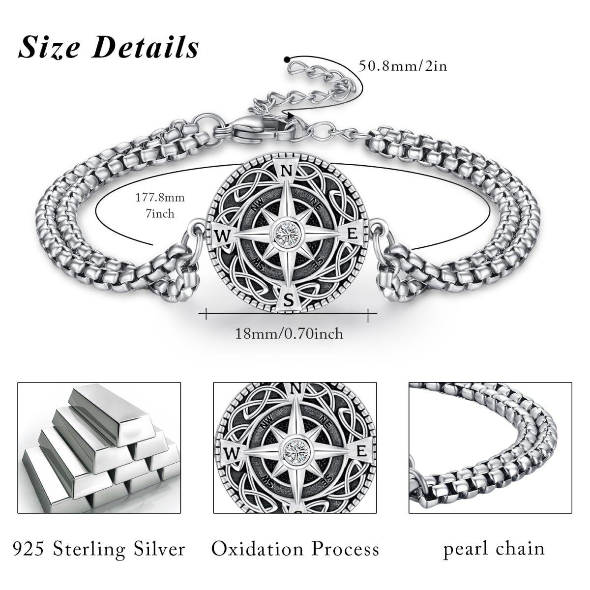 Sterling Silver Cubic Zirconia Compass Cremation Urn Bracelet For Ashes For Men-6