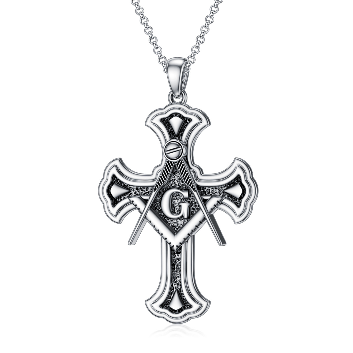 Sterling Silver Compass Cross Masonic Symbol Pendant Necklace For Men-1