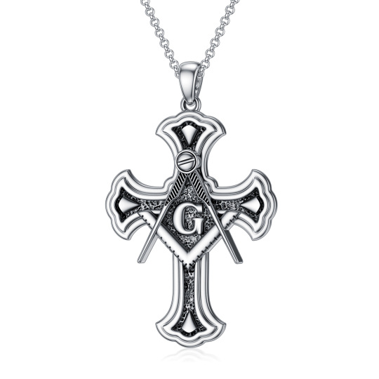 Sterling Silver Compass & Cross & Masonic Symbol Pendant Necklace for Men