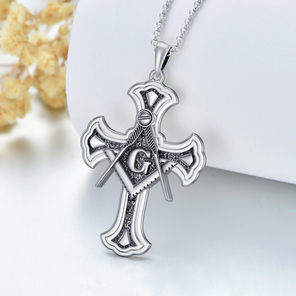 Sterling Silver Compass Cross Masonic Symbol Pendant Necklace For Men-3