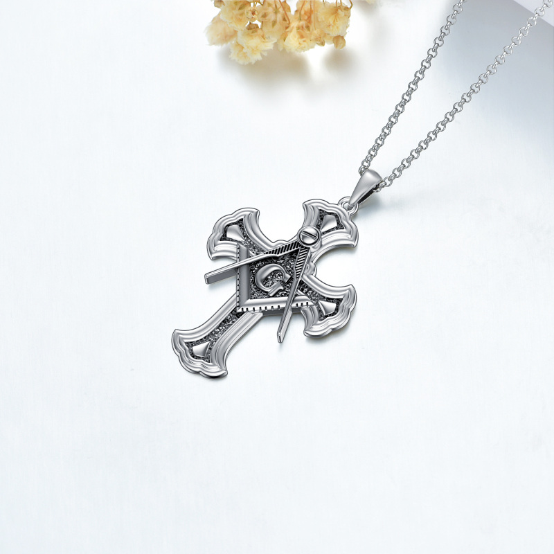 Collar con colgante de símbolo masónico de cruz de brújula de plata de ley para hombres-4