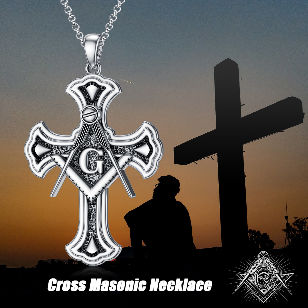 Sterling Silver Compass Cross Masonic Symbol Pendant Necklace For Men-5