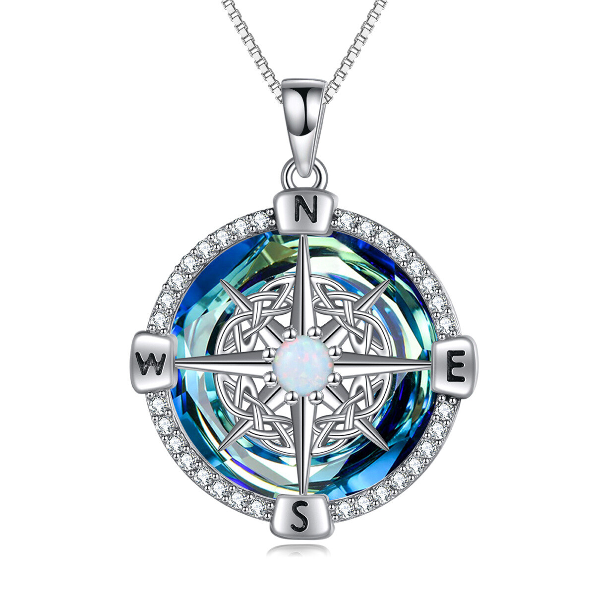 Sterling Silver Compass Crystal Pendant Necklace-1