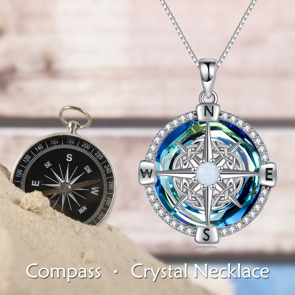 Sterling Silver Compass Crystal Pendant Necklace-3