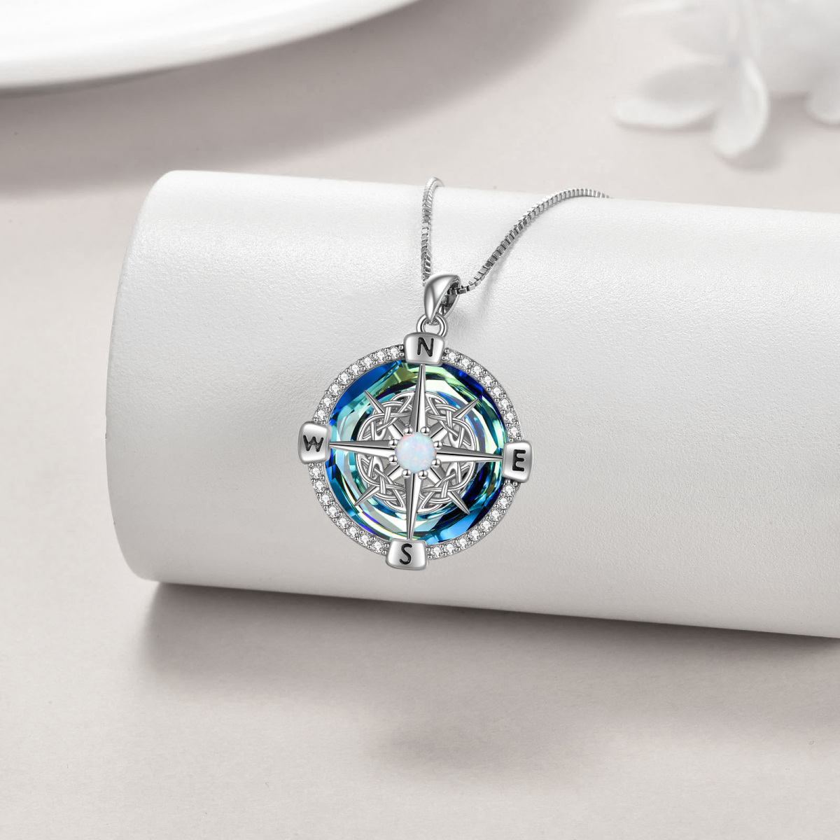 Sterling Silver Compass Crystal Pendant Necklace-4