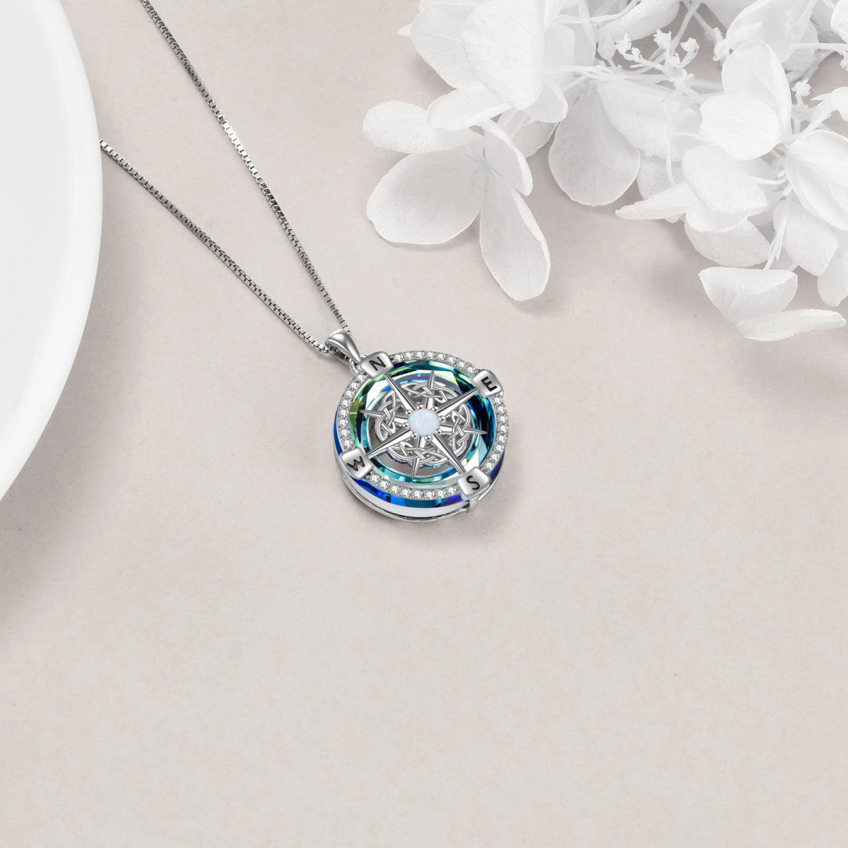 Sterling Silver Compass Crystal Pendant Necklace-5