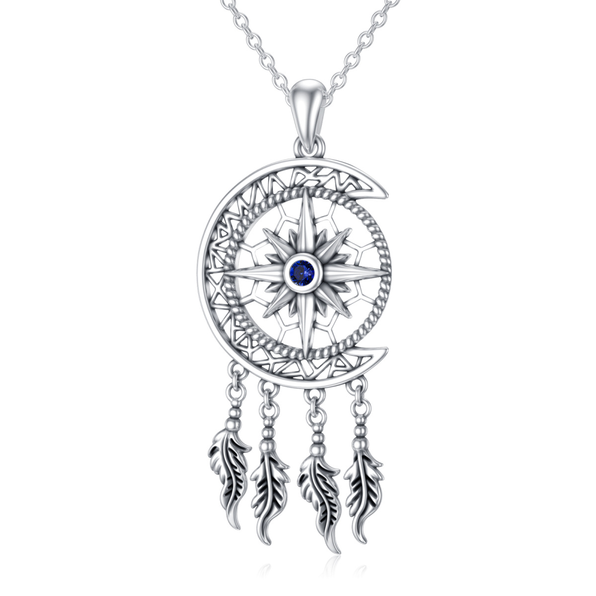 Sterling Silver Cubic Zirconia Compass & Dream Catcher & Moon Pendant Necklace-1