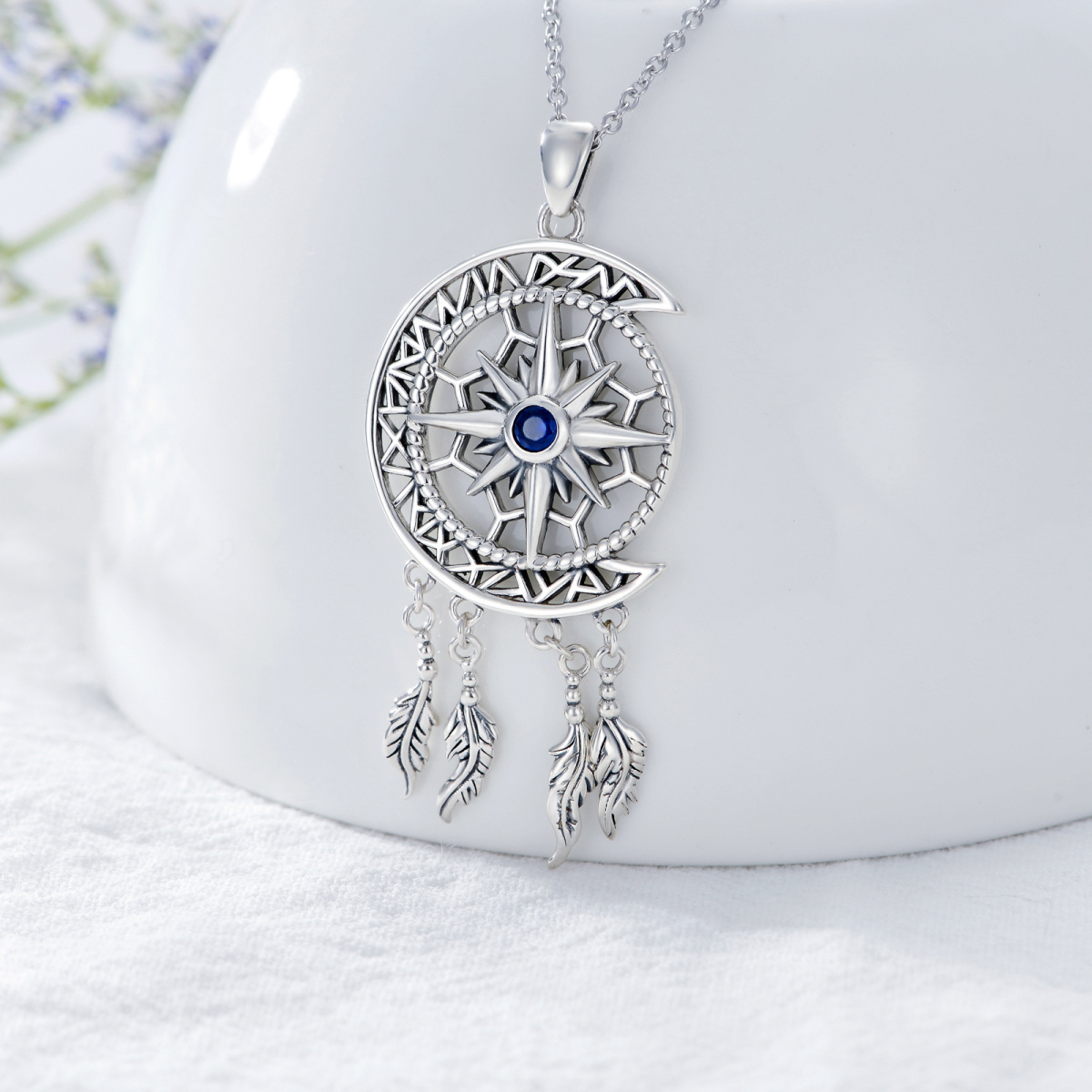 Sterling Silver Cubic Zirconia Compass & Dream Catcher & Moon Pendant Necklace-3