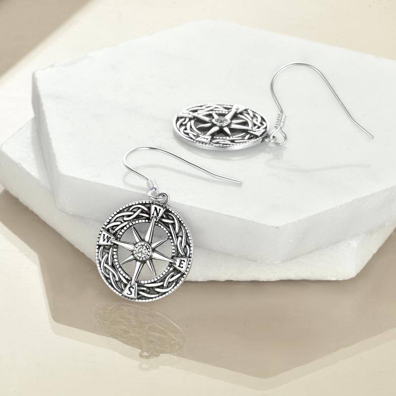 Sterling Silver Compass Drop Earrings-3