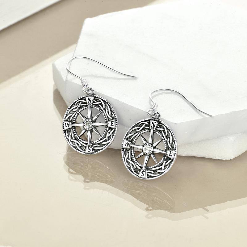 Sterling Silver Compass Drop Earrings-4