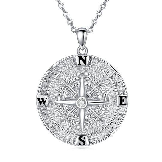 Sterling Silver Cubic Zirconia Compass Pendant Necklace for Men