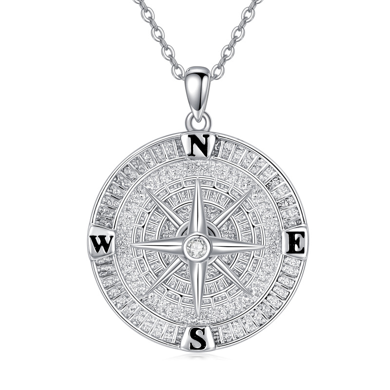 Sterling Silver Two-tone Cubic Zirconia Compass Pendant Necklace