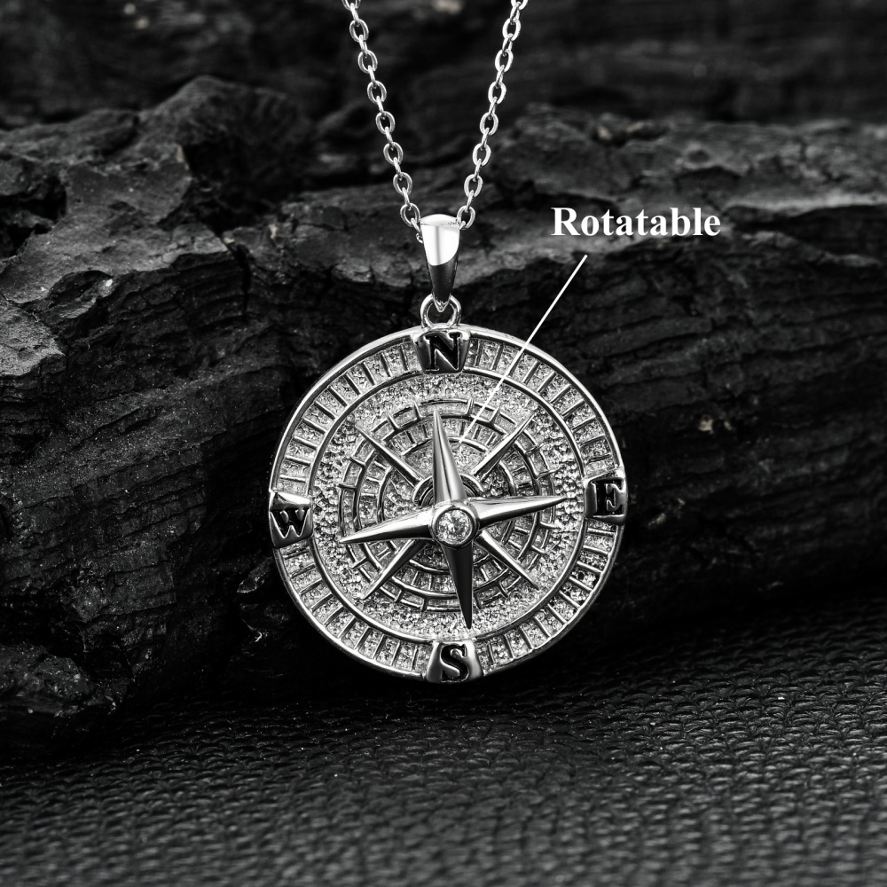 Collar con brújula de plata de ley y circonita cúbica para hombre-4