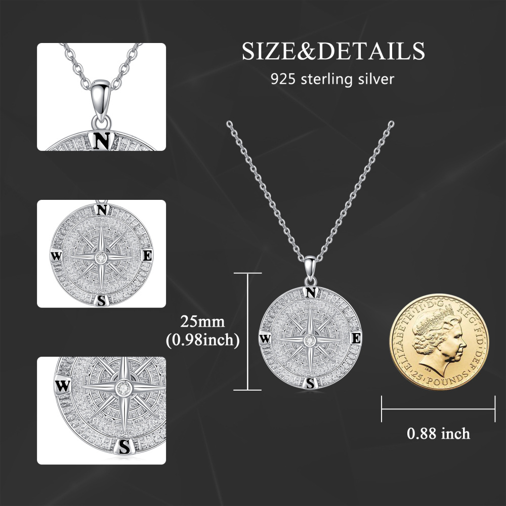 Collar con brújula de plata de ley y circonita cúbica para hombre-7