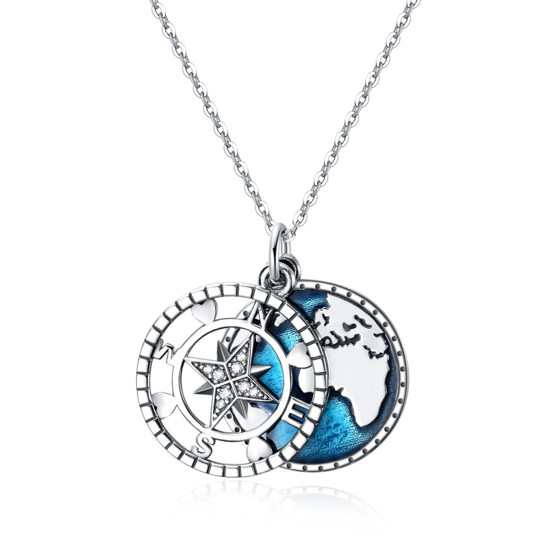 Sterling Silver Cubic Zirconia Compass Pendant Necklace with Engraved Word-11
