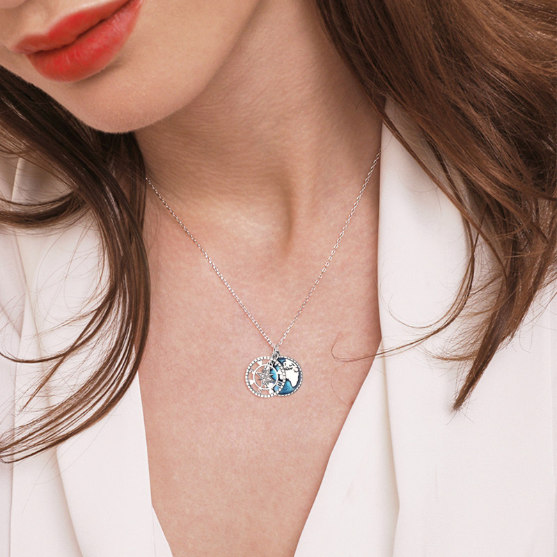 Sterling Silver Cubic Zirconia Compass Pendant Necklace with Engraved Word-2