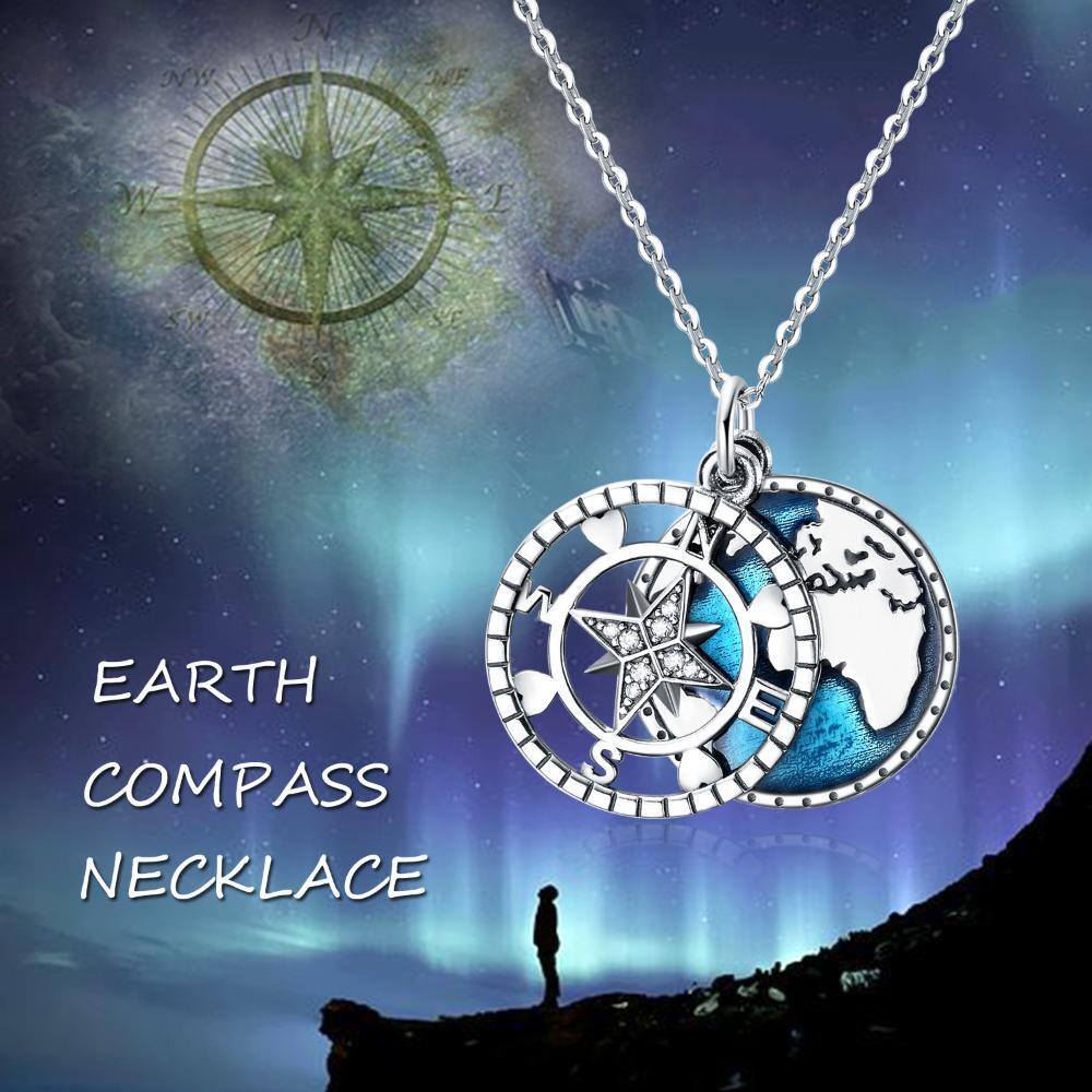 Sterling Silver Cubic Zirconia Compass Pendant Necklace with Engraved Word-3