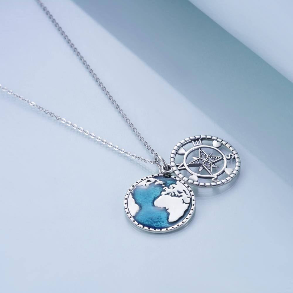 Sterling Silver Cubic Zirconia Compass Pendant Necklace with Engraved Word-4
