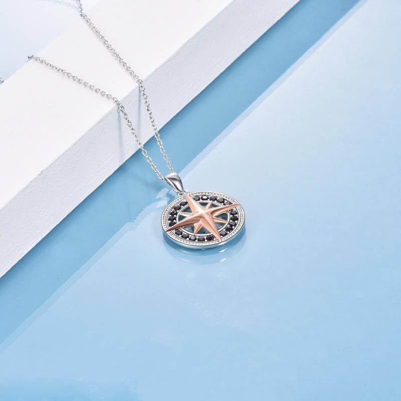 Sterling Silver Two-tone Compass Circle Necklace for Women-3