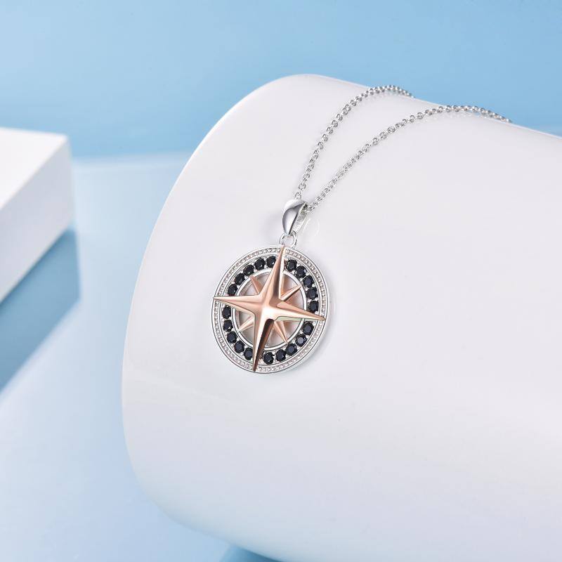 Sterling Silver Two-tone Compass Circle Necklace for Women-4