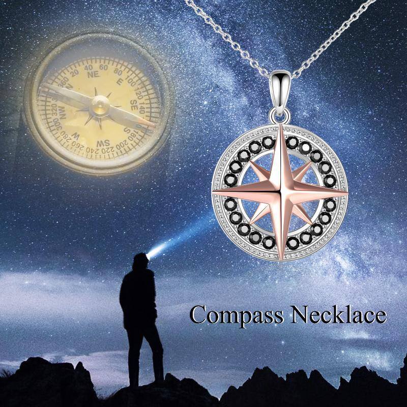 Sterling Silver Two-tone Compass Circle Necklace for Women-6