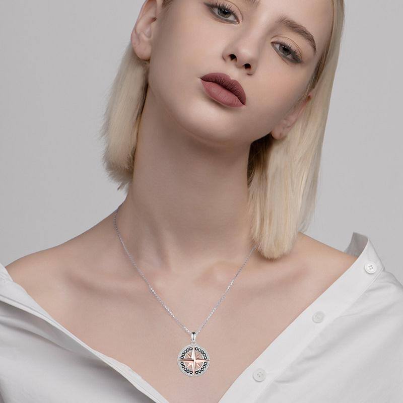 Sterling Silver Two-tone Compass Circle Necklace for Women-2
