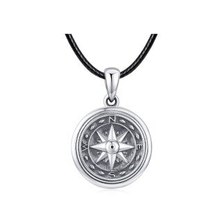 Sterling Silver Compass Personalized Photo Locket Necklace with Black Rope Chain-51