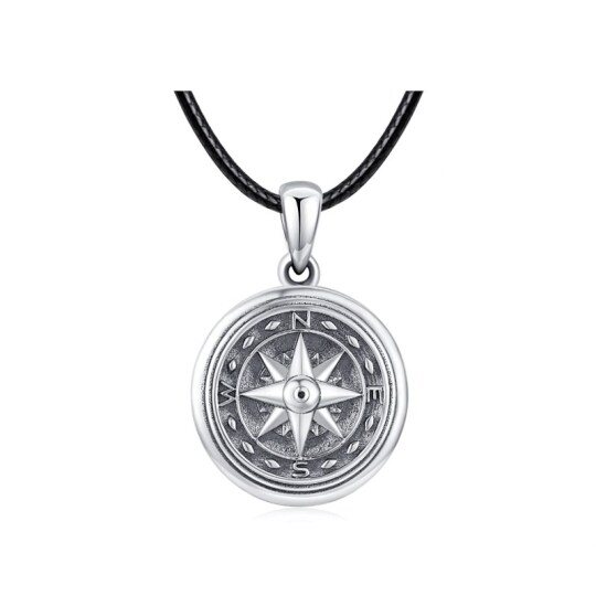 Sterling Silver Compass Personalized Photo Locket Necklace with Black Rope Chain