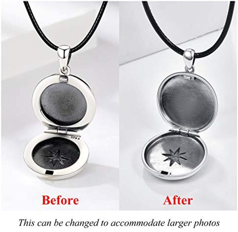 Sterling Silver Compass Personalized Photo Locket Necklace with Black Rope Chain-4