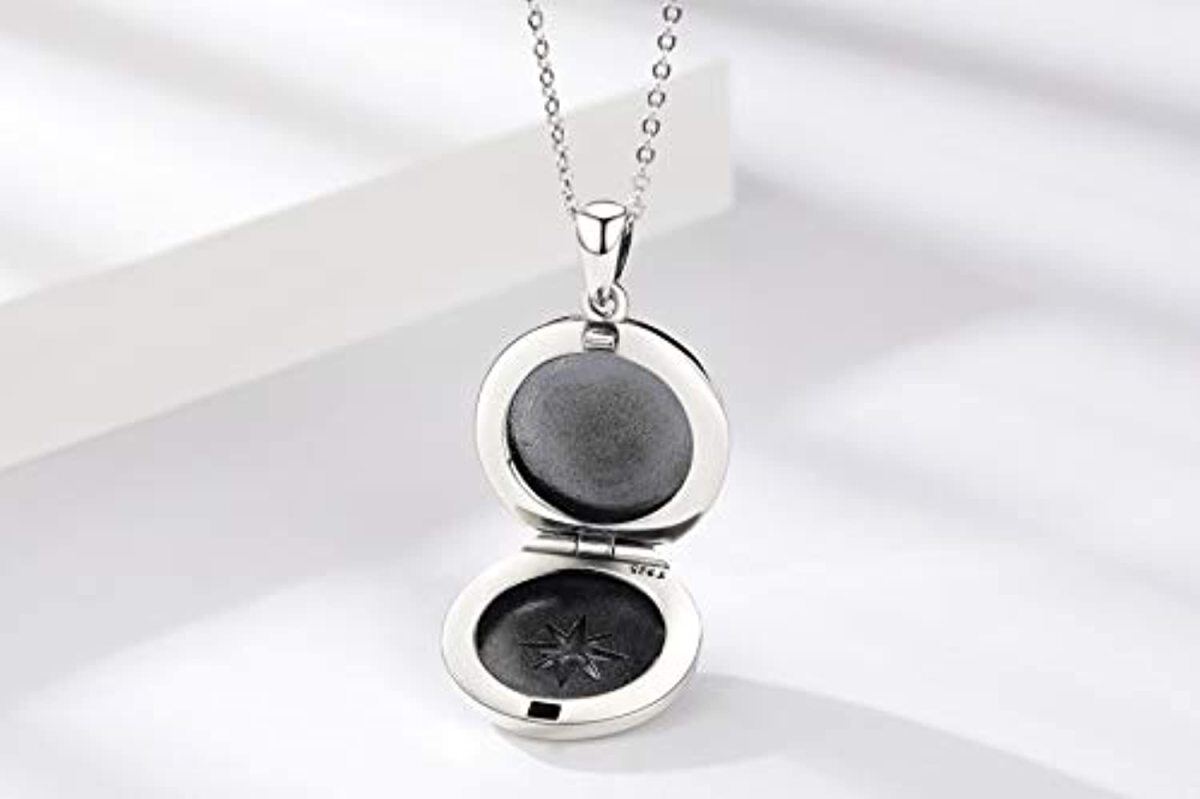 Sterling Silver Compass Personalized Photo Locket Necklace-3