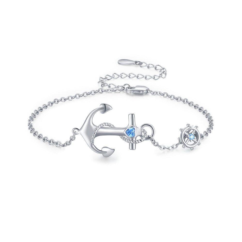 Sterling Silver Cubic Zirconia Compass & Rudder Charm Bracelet-1