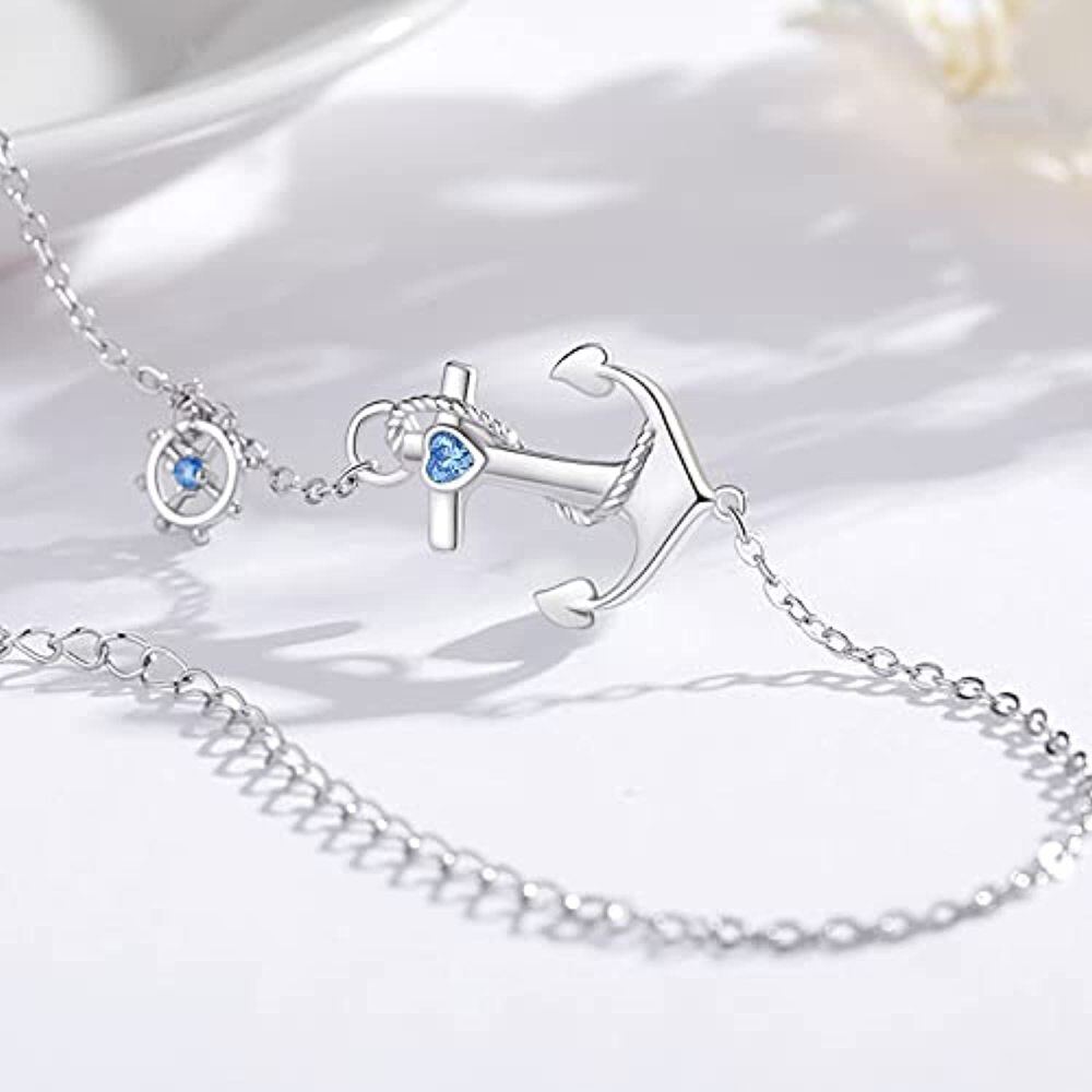 Sterling Silver Cubic Zirconia Compass & Rudder Charm Bracelet-3