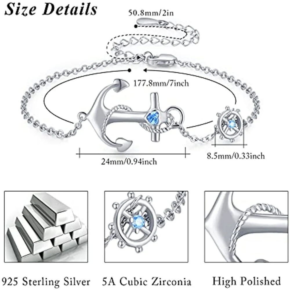 Sterling Silver Cubic Zirconia Compass & Rudder Charm Bracelet-4