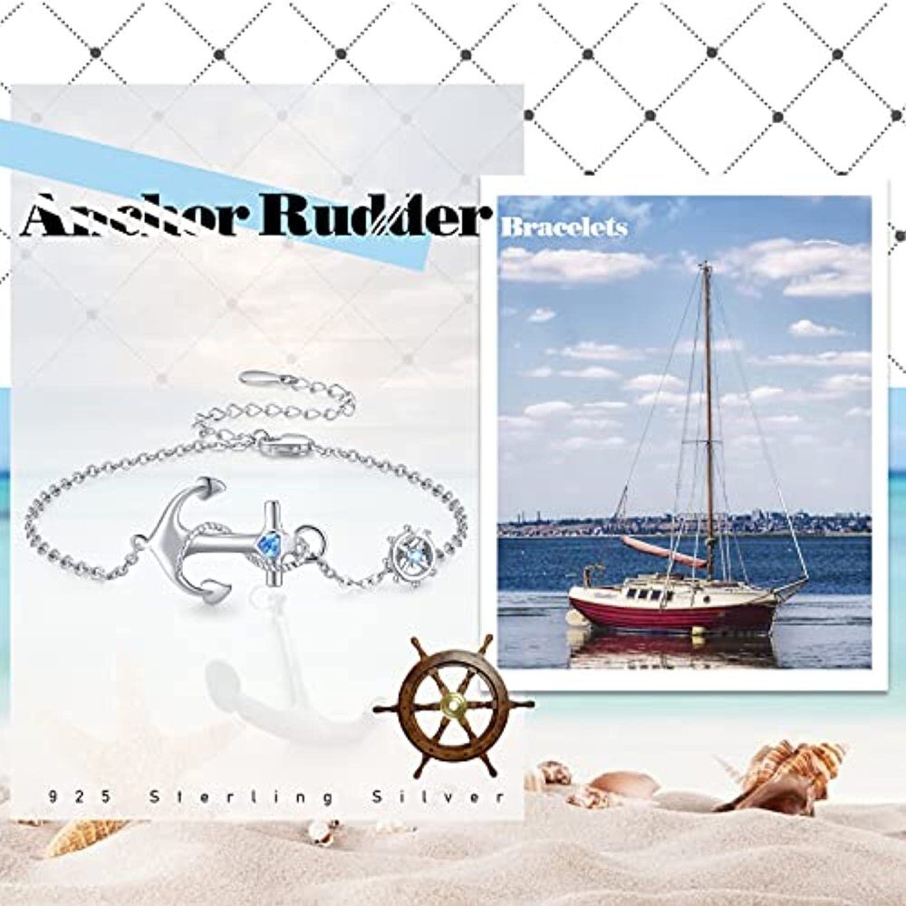 Sterling Silver Cubic Zirconia Compass & Rudder Charm Bracelet-5