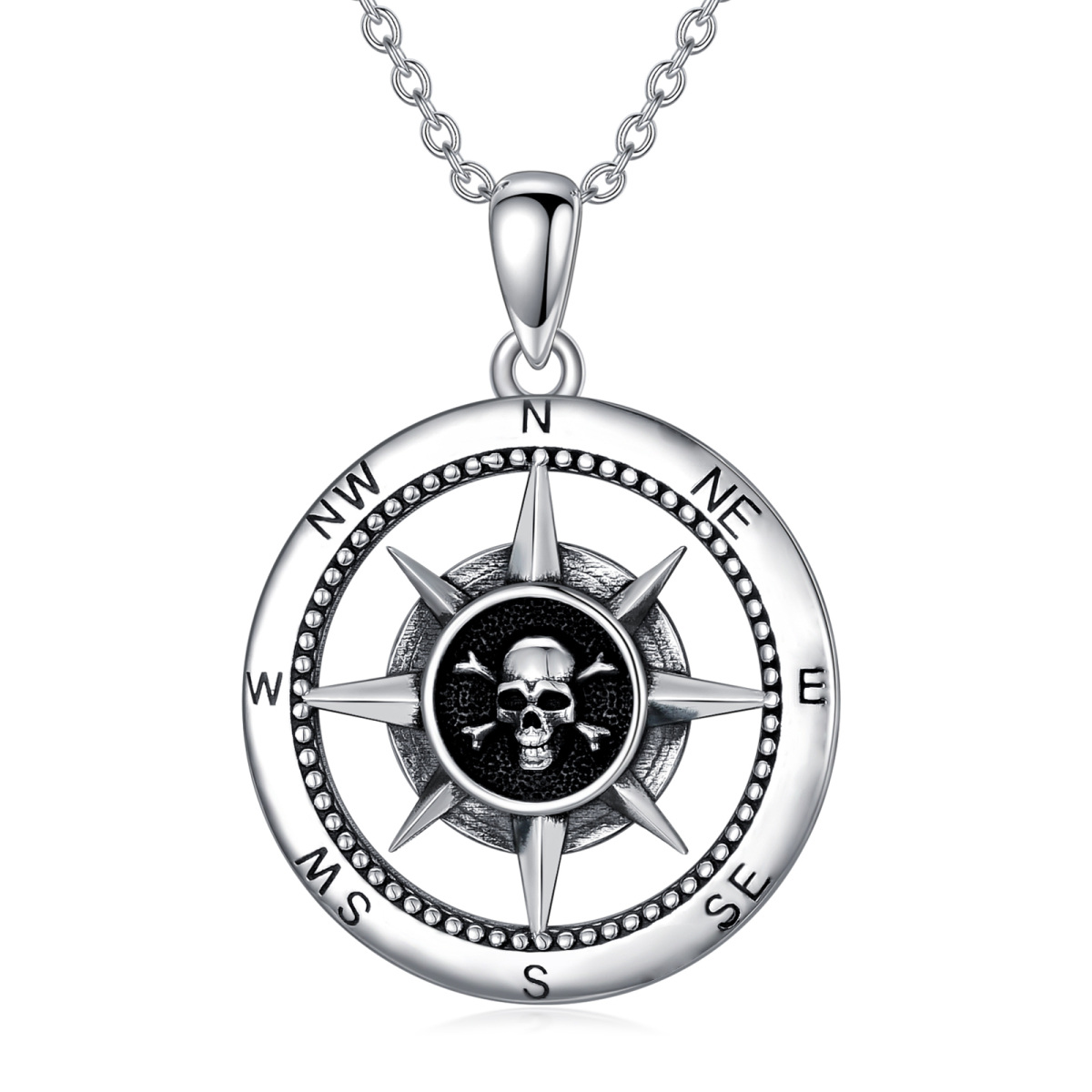 Collana con ciondolo a forma di teschio e bussola in argento sterling-1