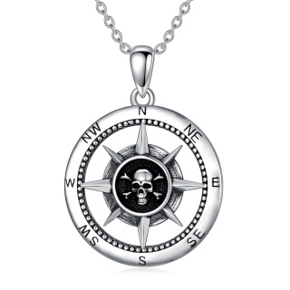 Sterling Silver Compass & Skull Pendant Necklace-32