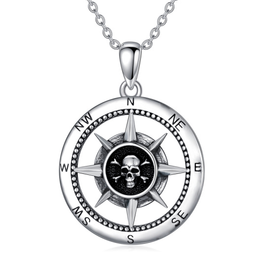 Sterling Silver Compass & Skull Pendant Necklace