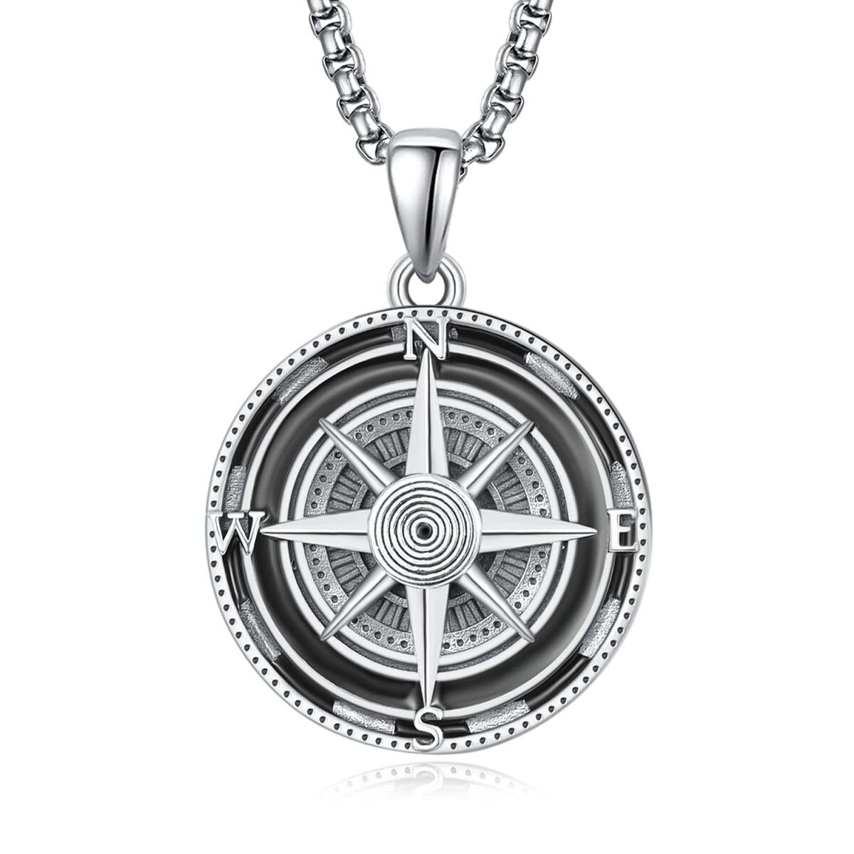 Sterling Silver Compass Stainless Steel Rolo Chain Pendant Necklace for Men-1