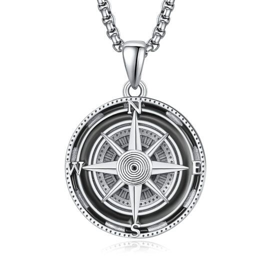 Sterling Silver Compass Stainless Steel Rolo Chain Pendant Necklace for Men