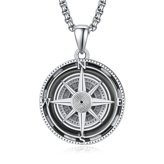 Sterling Silver Compass Stainless Steel Rolo Chain Pendant Necklace for Men-1