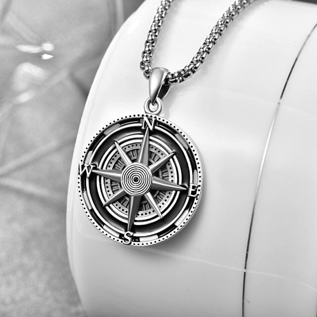 Sterling Silver Compass Stainless Steel Rolo Chain Pendant Necklace for Men-3