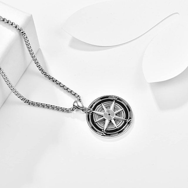 Sterling Silver Compass Stainless Steel Rolo Chain Pendant Necklace for Men-4