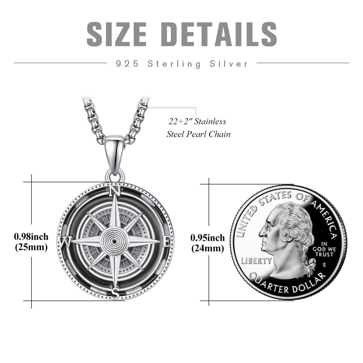 Sterling Silver Compass Stainless Steel Rolo Chain Pendant Necklace for Men-5