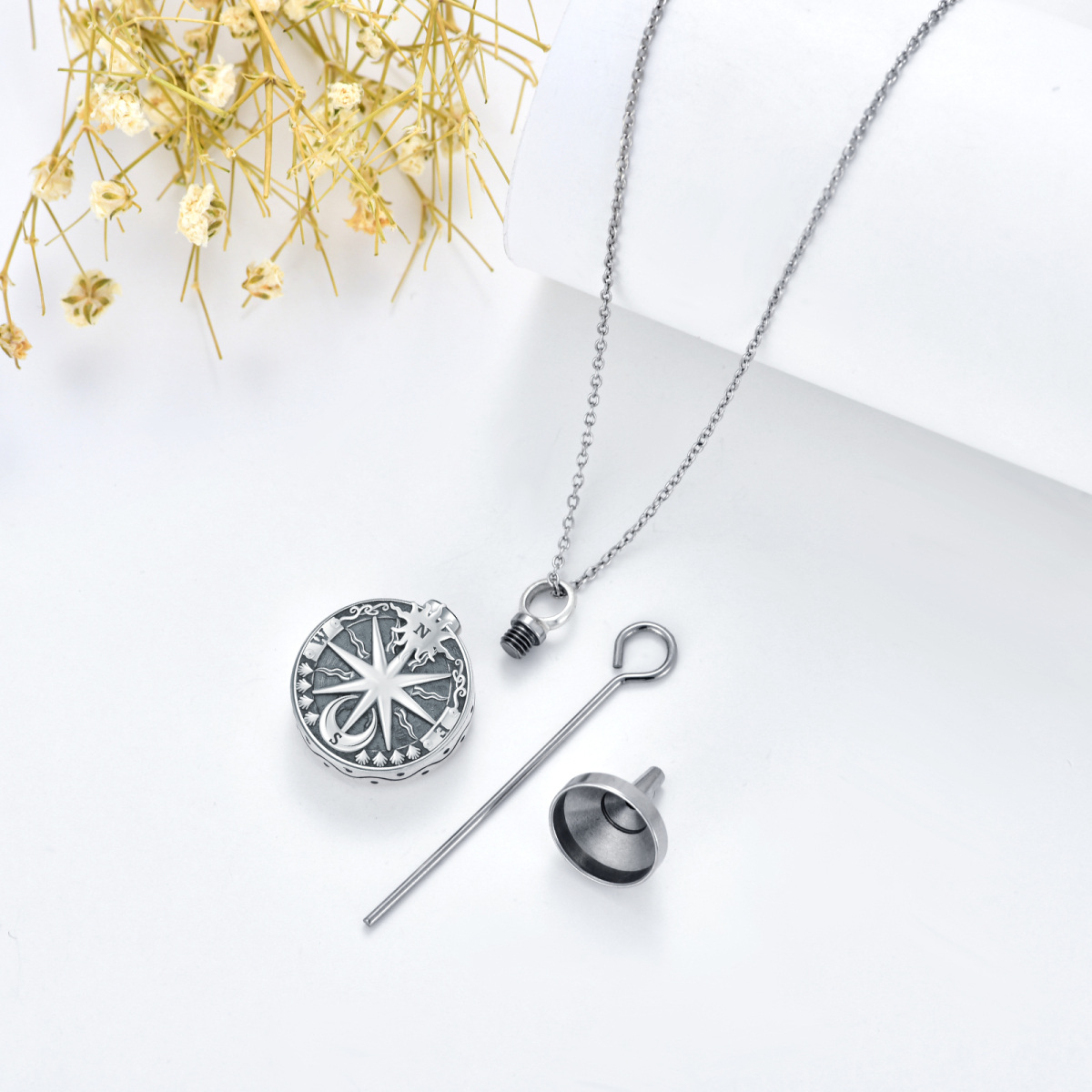 Sterling Silver Compass Sun & Moon Urn Necklace for Ashes-4