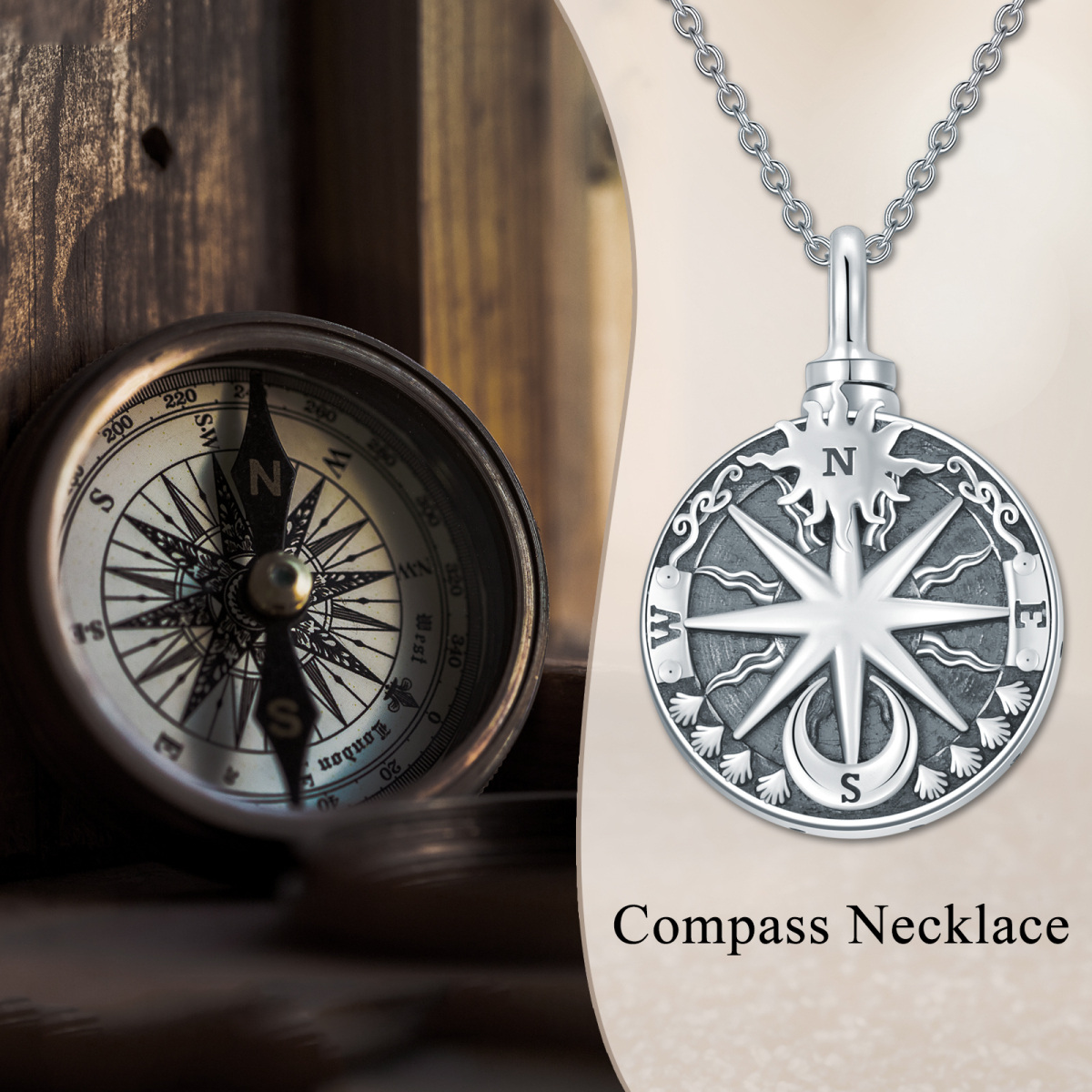 Sterling Silver Compass Sun & Moon Urn Necklace for Ashes-5