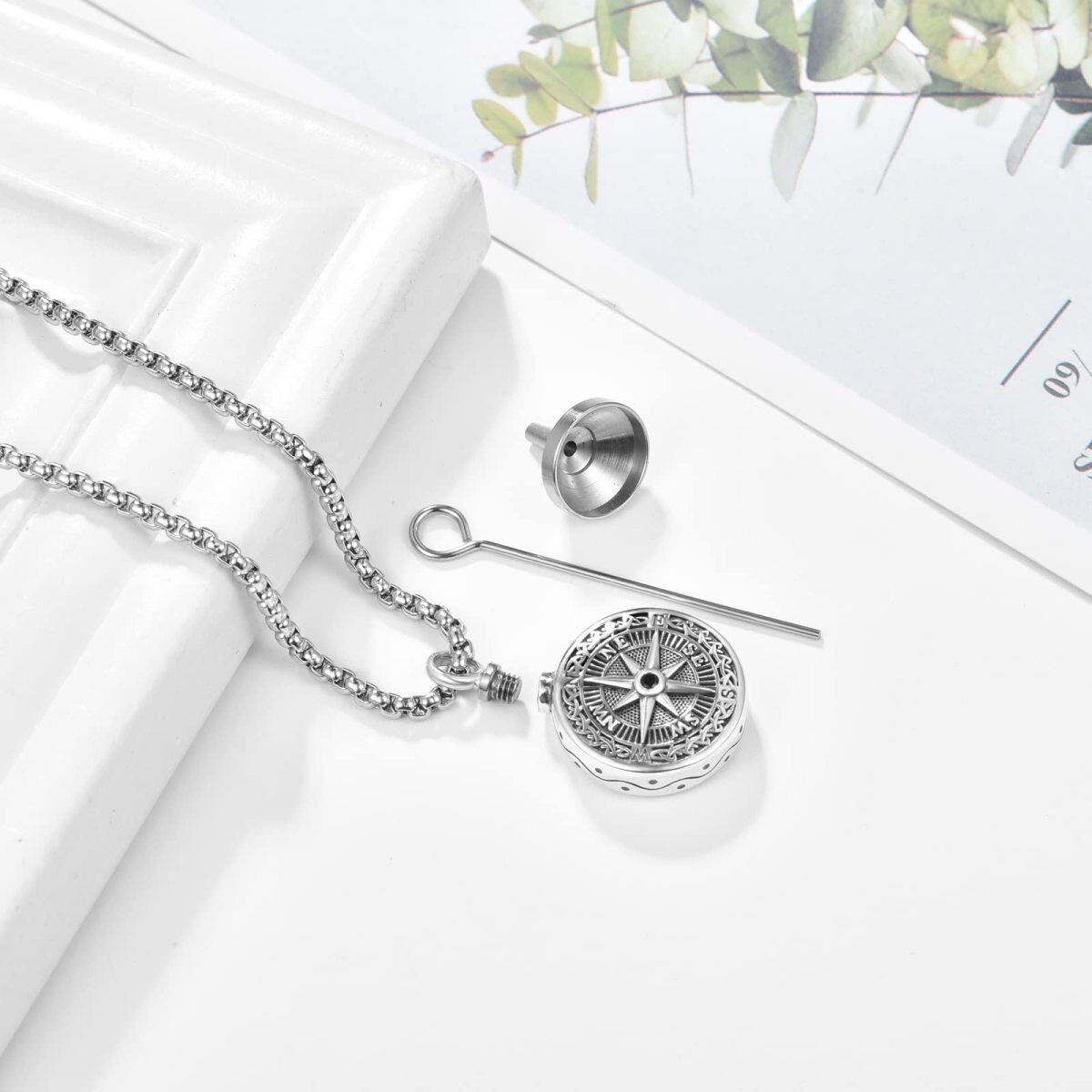 Sterling Silver Compass Urn Necklace For Ashes For Men-3