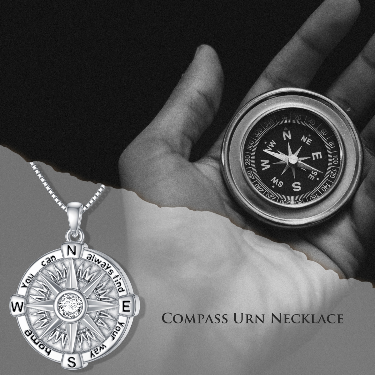 Sterling Silver Cubic Zirconia Compass Urn Necklace for Ashes-3