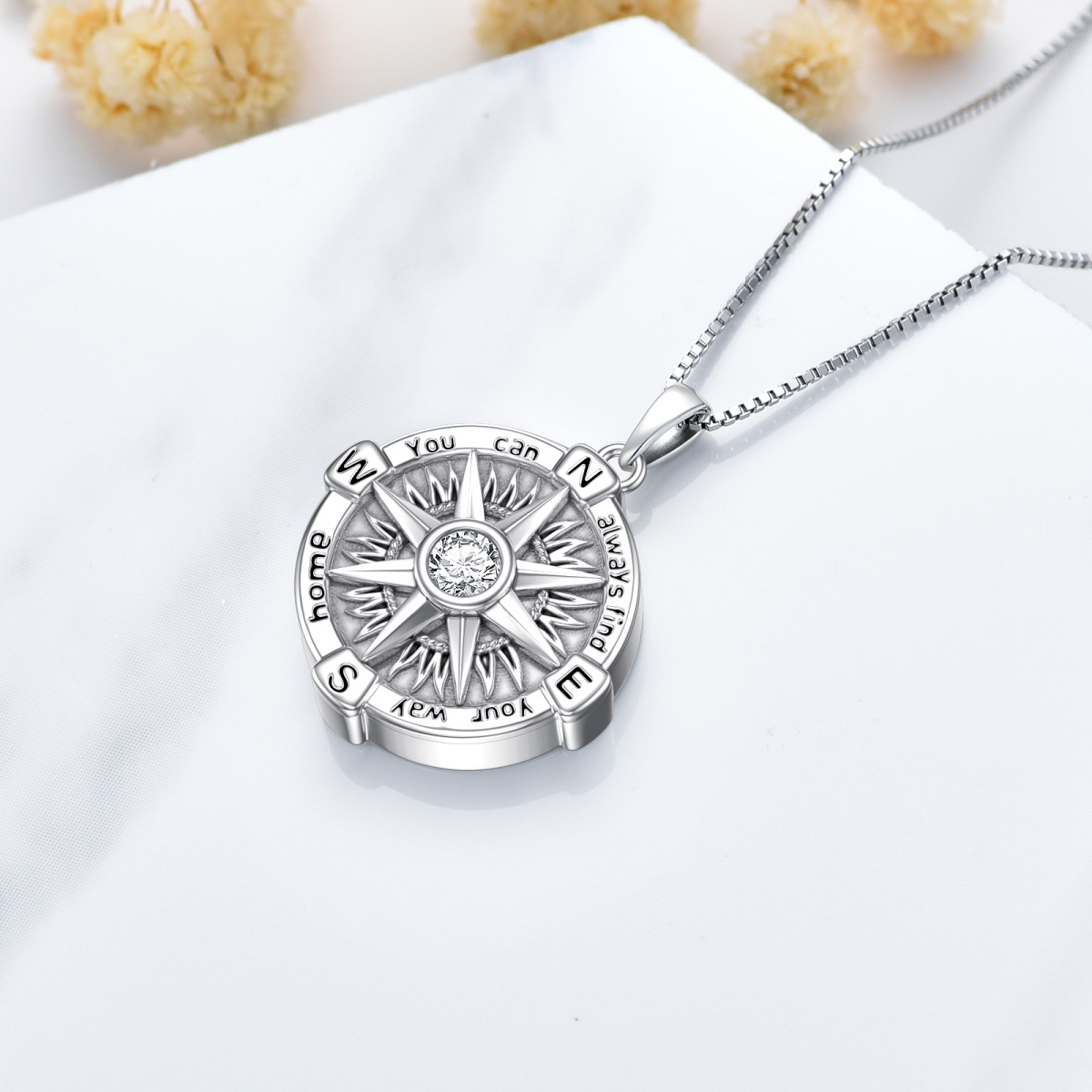 Sterling Silver Cubic Zirconia Compass Urn Necklace for Ashes-4